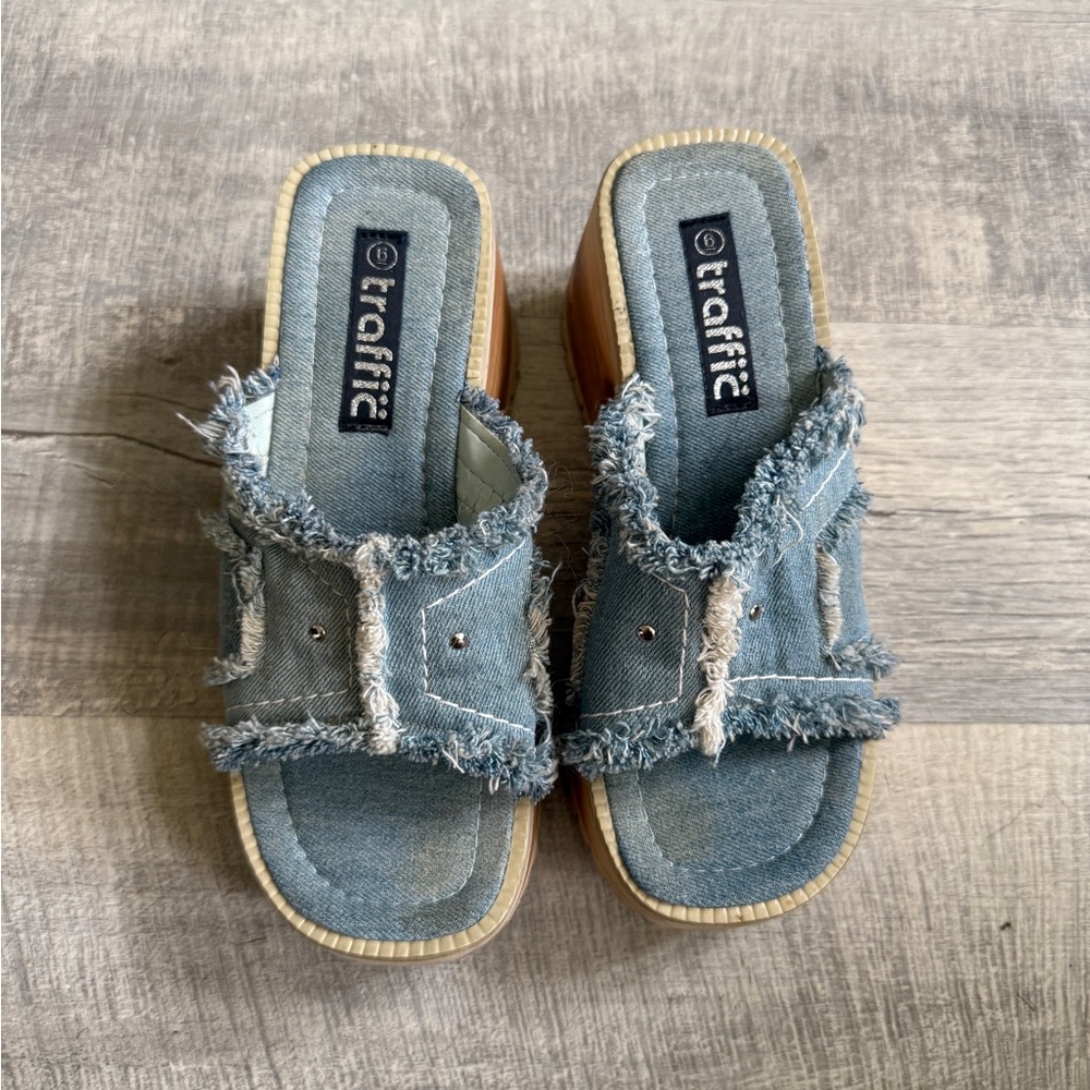 Traffic Blue Frayed Denim Slides